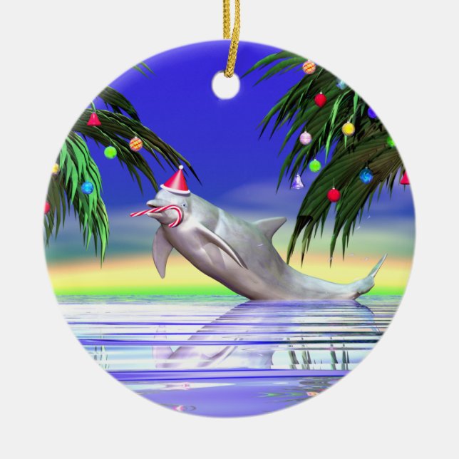 Tropical Christmas Dolphin Ceramic Tree Decoration (Front)