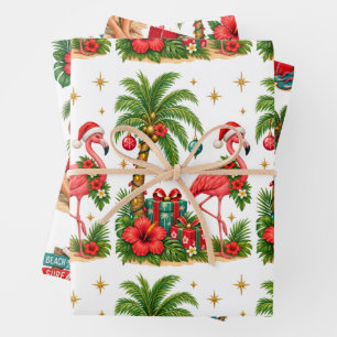 Tropical Christmas Flamingo & Beach Santa Pattern  Wrapping Paper Sheet