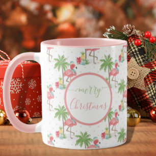 Tropical Christmas Flamingo Blue Santa Hat Pink Mug