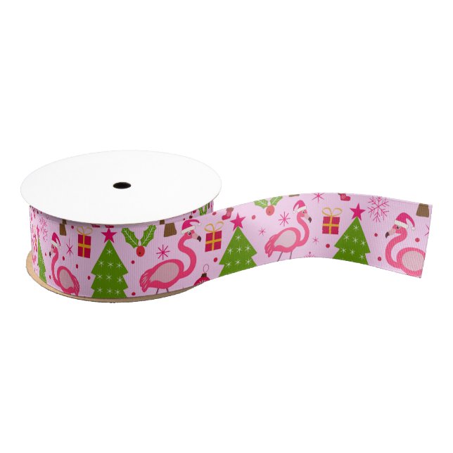 Tropical Christmas Flamingo With Pine Tree on Pink Grosgrain Ribbon (Spool)