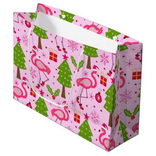 Tropical Christmas Flamingo With Pine Tree on Pink Large Gift Bag