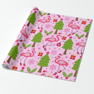 Tropical Christmas Flamingo With Pine Tree on Pink Wrapping Paper