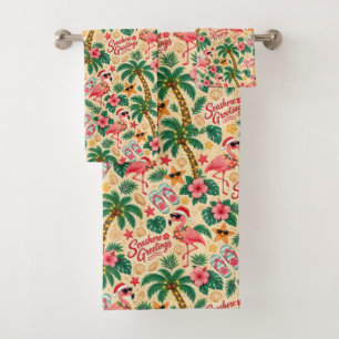 Tropical Christmas Flamingos and Palm Trees Bath Towel Set
