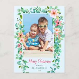 Tropical Christmas Floral Blue 1-Photo Holiday Postcard