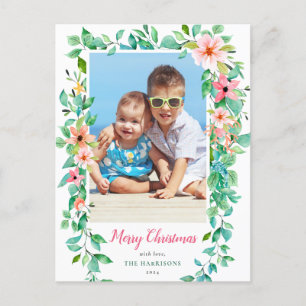 Tropical Christmas Floral Frame Holiday Photo Postcard