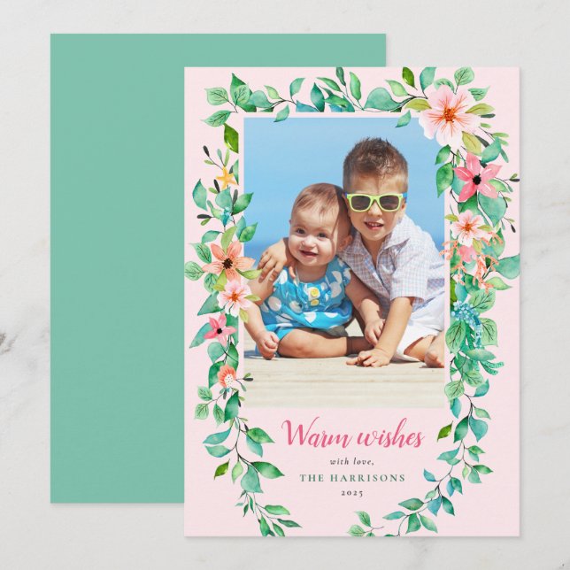 Tropical Christmas Floral Pink Photo Holiday Card (Front/Back)