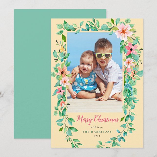 Tropical Christmas Floral Yellow & Green Photo Holiday Card (Front/Back)