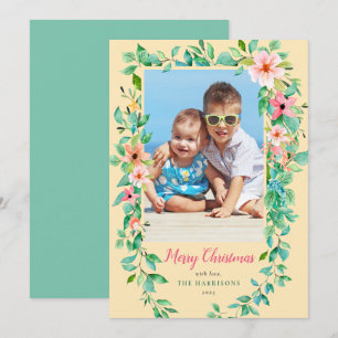 Tropical Christmas Floral Yellow & Green Photo Holiday Card