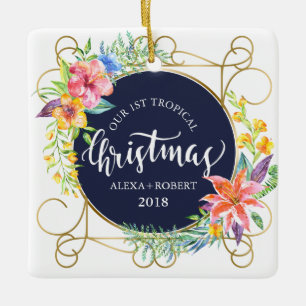 Tropical Christmas Flowers & Gold Frame Ceramic Ornament