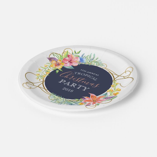 Tropical Christmas Flowers & Gold swirly Frame Paper Plate (Angled)