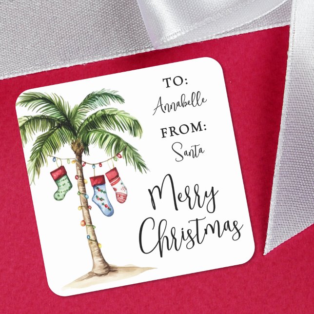 Tropical Christmas Gift Tag Sticker (Palm Tree Tropical Christmas Gift Tag Sticker)