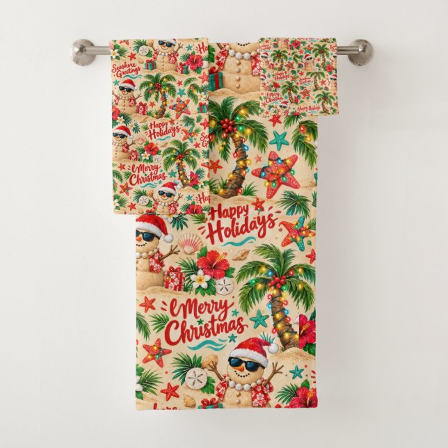 Tropical Christmas Holiday Fun Pattern Bath Towel Set (Insitu)