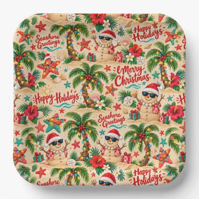Tropical Christmas Holiday Fun Pattern Paper Plate (Front)