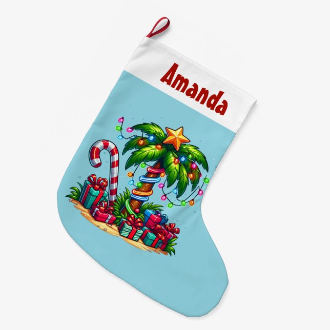 Tropical Christmas Holiday Palm Tree Large Christmas Stocking (Front (Hanging))