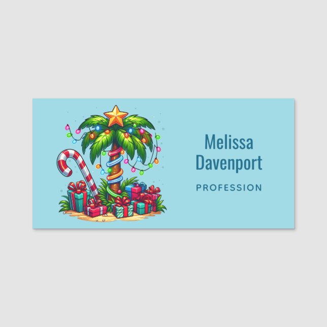 Tropical Christmas Holiday Palm Tree Name Tag (Front)