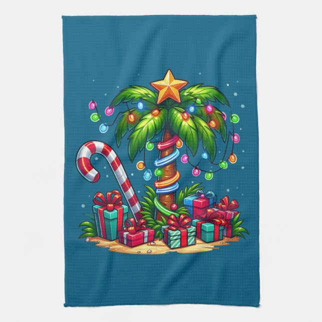 Tropical Christmas Holiday Palm Tree Tea Towel (Vertical)