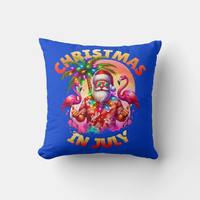 Tropical Christmas in July Palm Trees & Flamingos Cushion (Front)