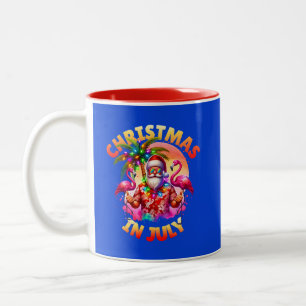 Tropical Christmas in July Palm Trees & Flamingos Two-Tone Coffee Mug