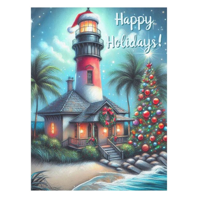 Tropical Christmas Lighthouse Personalised Runner Tablecloth (Front)