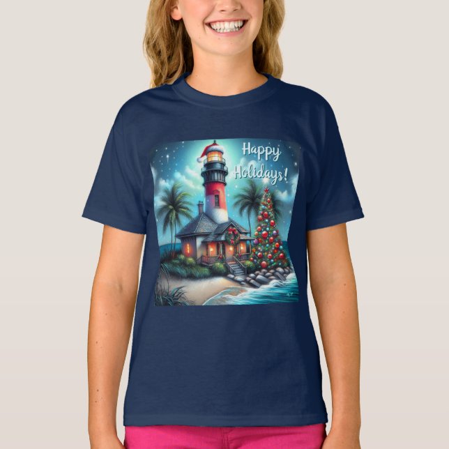 Tropical Christmas Lighthouse Personalised T-Shirt (Front)