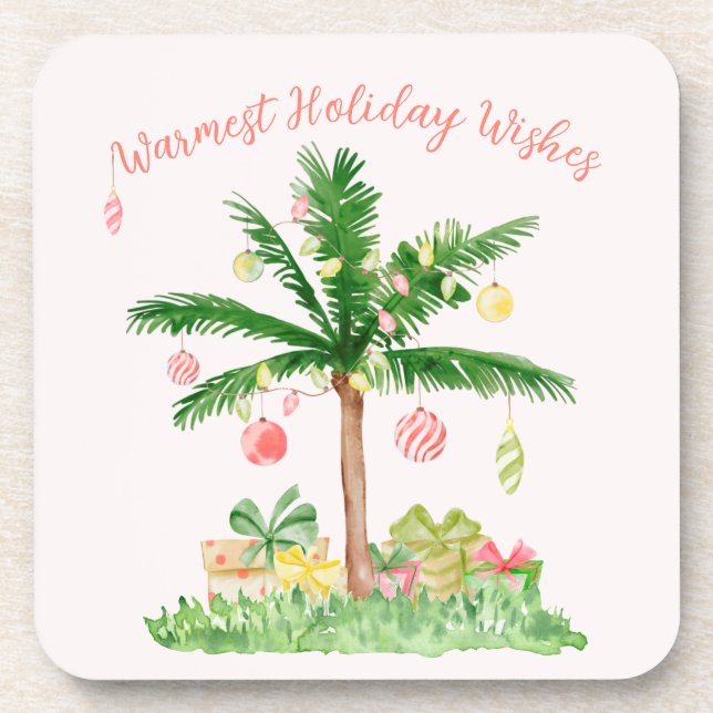 Tropical Christmas Lights Coral & Green Whimsical Coaster (Front)