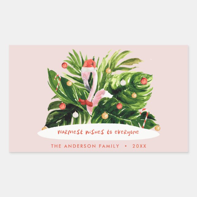 Tropical Christmas modern palm botanical Flamingo  Rectangular Sticker (Front)
