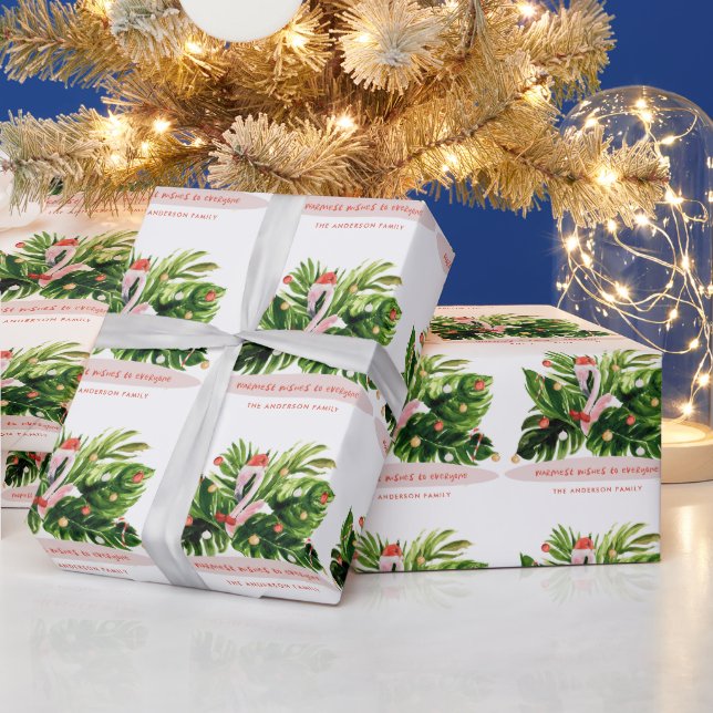 Tropical Christmas modern palm botanical Flamingo Wrapping Paper (Holidays)