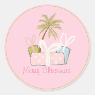 Tropical Christmas Palm Tree and Presents Envelope Classic Round Sticker
