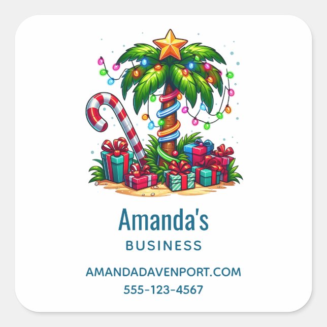 Tropical Christmas Palm Tree Business Square Sticker (Front)