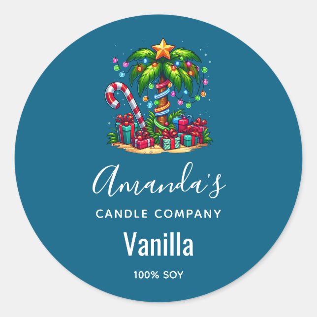 Tropical Christmas Palm Tree Candle Business Classic Round Sticker (Front)