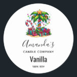 Tropical Christmas Palm Tree Candle Business Classic Round Sticker<br><div class="desc">Candle,  soap,  kitchen product stickers with a seasonal holiday image. A tropical palm tree decorated in festive lights with a star on top. A giant red and white candy cane sticking out of the sand. Christmas presents under the tree. Whimsical and fun.</div>