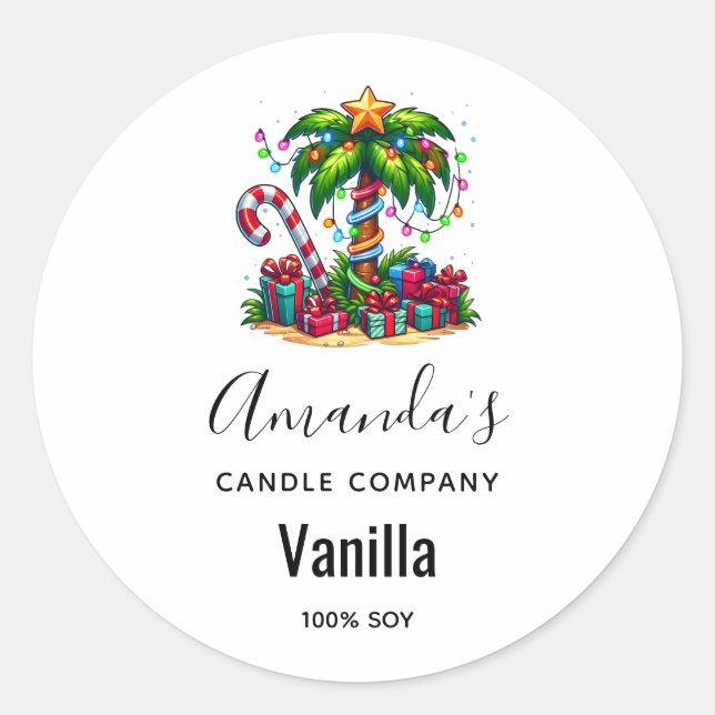 Tropical Christmas Palm Tree Candle Business Classic Round Sticker (Front)