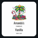 Tropical Christmas Palm Tree Candle Business Square Sticker<br><div class="desc">Candle,  soap,  kitchen or other crafting product stickers with a seasonal holiday image. A tropical palm tree decorated in festive lights with a star on top. A giant red and white candy cane sticking out of the sand. Christmas presents under the tree. Whimsical and fun.</div>