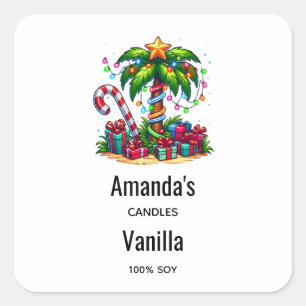 Tropical Christmas Palm Tree Candle Business Square Sticker
