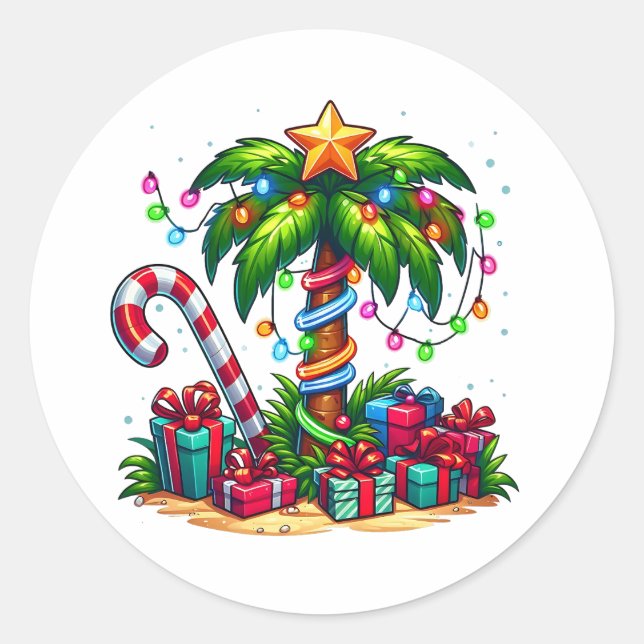 Tropical Christmas Palm Tree Classic Round Sticker (Front)