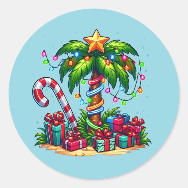 Tropical Christmas Palm Tree Classic Round Sticker (Front)