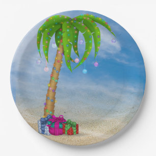 Tropical Christmas Palm Tree in sand Paper Plate