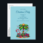 Tropical Christmas Palm Tree Invitation Postcard<br><div class="desc">Christmas party invitation postcard with a seasonal holiday image. A tropical palm tree decorated in festive lights with a star on top. A giant red and white candy cane sticking out of the sand. Christmas presents under the tree. Whimsical and fun.</div>
