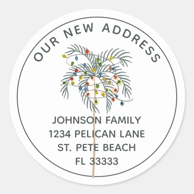 Tropical Christmas Palm Tree New Address Classic Round Sticker (Front)