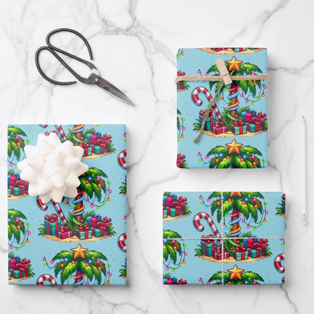 Tropical Christmas Palm Tree Pattern Wrapping Paper Sheet (Front)