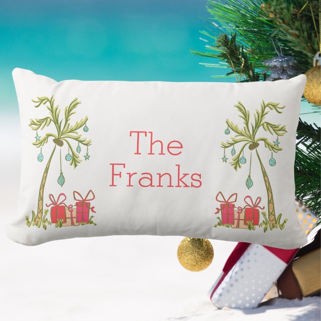 Tropical Christmas Palm Tree Presents Coastal Name Lumbar Cushion (Creator Uploaded)