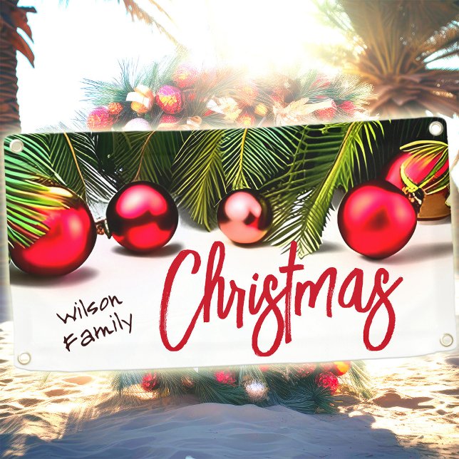 Tropical Christmas Palm Tree Red Green Family Name Banner (Tropical Christmas palm tree & ornaments personalized holiday party banner)
