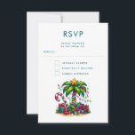 Tropical Christmas Palm Tree RSVP Card<br><div class="desc">RSVP card with a seasonal holiday image. A tropical palm tree decorated in festive lights with a star on top. A giant red and white candy cane sticking out of the sand. Christmas presents under the tree. Whimsical and fun.</div>