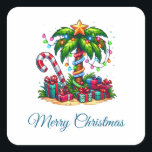 Tropical Christmas Palm Tree Square Sticker<br><div class="desc">Christmas stickers with a seasonal holiday image. A tropical palm tree decorated in festive lights with a star on top. A giant red and white candy cane sticking out of the sand. Christmas presents under the tree. Whimsical and fun.</div>