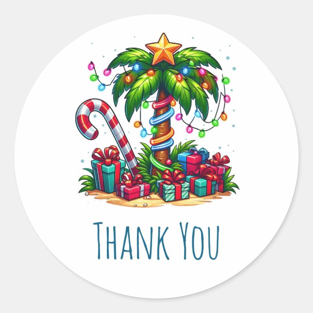 Tropical Christmas Palm Tree Thank You Classic Round Sticker (Front)