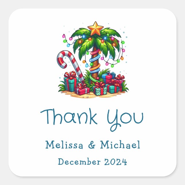 Tropical Christmas Palm Tree Thank You Square Sticker (Front)