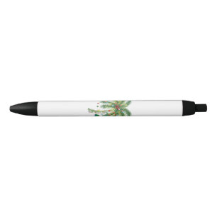 Tropical Christmas Palm Tree with Lights and Ornam Black Ink Pen