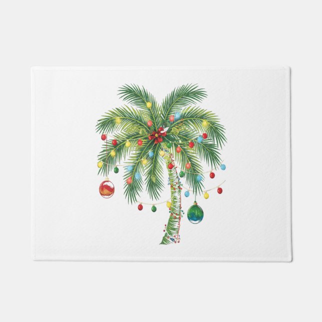 Tropical Christmas Palm Tree with Lights and Ornam Doormat (Front)
