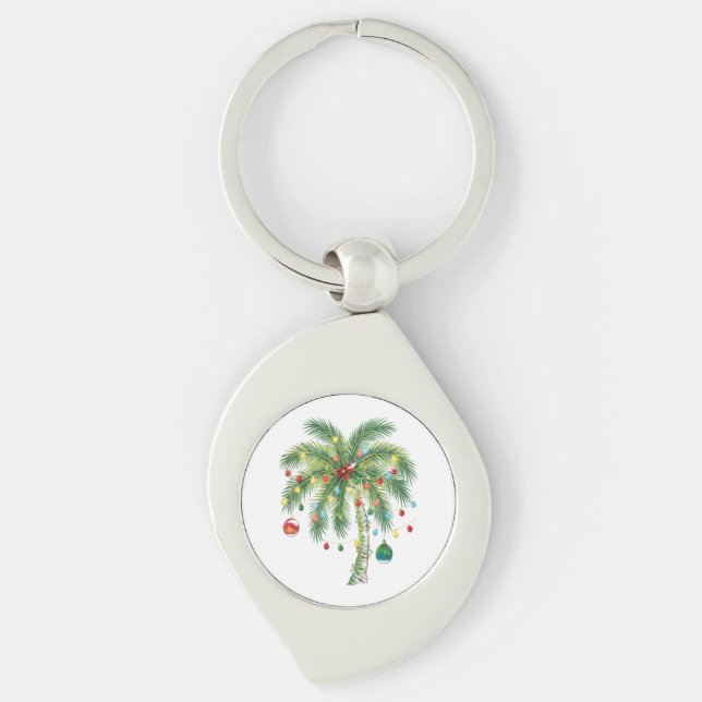 Tropical Christmas Palm Tree with Lights and Ornam Key Ring (Front)