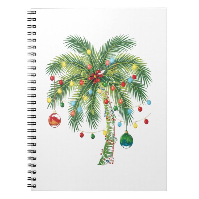 Tropical Christmas Palm Tree with Lights and Ornam Notebook (Front)